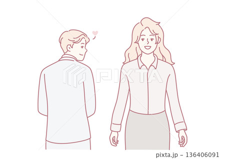 Man in business clothes looks back at beautiful woman having romantic feelings. Vector image Man in business clothes looks back at beautiful woman having romantic feelings. Vector image 136406091