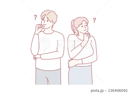Man and woman look in different directions and scratch their chins thinking idea. Vector image Man and woman look in different directions and scratch their chins thinking idea. Vector image 136406092