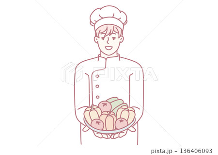 Man restaurant chef holds plate with fresh vegetables offering to make vegetable salad. Vector image 136406093