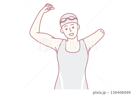 Woman swimmer with one arm showing strength by showing biceps as sign of victory. Vector image 136406099