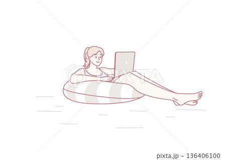 Successful woman floats on air mattress in sea with laptop on lap in sunny resort. Vector image Successful woman floats on air mattress in sea with laptop on lap in sunny resort. Vector image 136406100