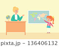 Teacher and student in geography lesson. Girl points at world map with pointer while teacher listens at desk with globe. Educational classroom scene. Vector illustration 136406132