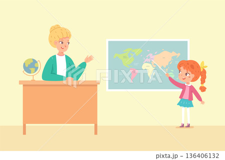 Teacher and student in geography lesson. Girl points at world map with pointer while teacher listens at desk with globe. Educational classroom scene. Vector illustration Teacher and student in geography lesson. Girl points at world map with pointer while teacher listens at desk with globe. Educational classroom scene. Vector illustration 136406132