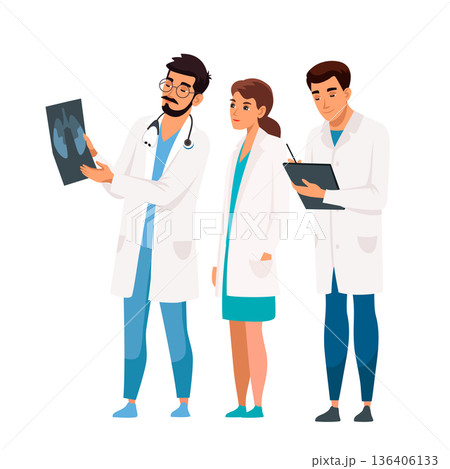 Group of doctors in white coats analyzing X-ray and writing notes. Medical team consultation, healthcare professionals discussing diagnosis. Vector illustration of hospital staff, medicine, teamwork 136406133