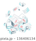 Bureaucracy concept. Paper documents, paperwork background. Administrative overload. Large pile of paperwork with stamps like accept, reject, approve, consider. Flat vector illustration 136406134