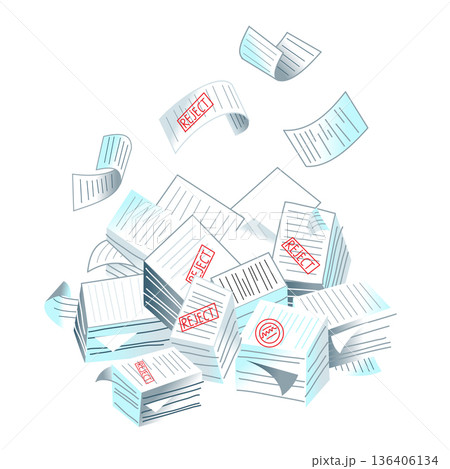 Bureaucracy concept. Paper documents, paperwork background. Administrative overload. Large pile of paperwork with stamps like accept, reject, approve, consider. Flat vector illustration Bureaucracy concept. Paper documents, paperwork background. Administrative overload. Large pile of paperwork with stamps like accept, reject, approve, consider. Flat vector illustration 136406134