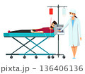 Blood donation scene. Male donor lying on medical bed with IV line, nurse operating blood collection machine. Healthcare and voluntary blood donate. Flat vector illustration 136406136