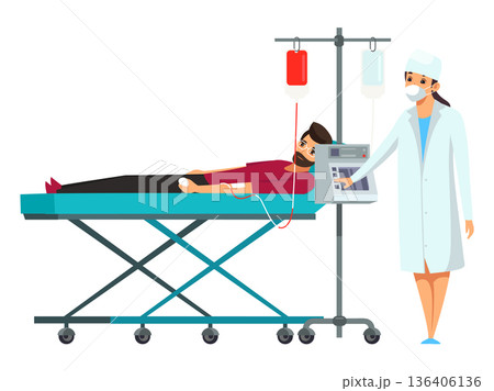 Blood donation scene. Male donor lying on medical bed with IV line, nurse operating blood collection machine. Healthcare and voluntary blood donate. Flat vector illustration Blood donation scene. Male donor lying on medical bed with IV line, nurse operating blood collection machine. Healthcare and voluntary blood donate. Flat vector illustration 136406136