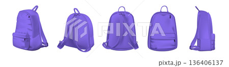 Violet backpack design front, back, side and isometric view set. College or school rucksack mockup vector illustrations. Realistic youth pack of fabric for study or sport isolated on transparent 136406137