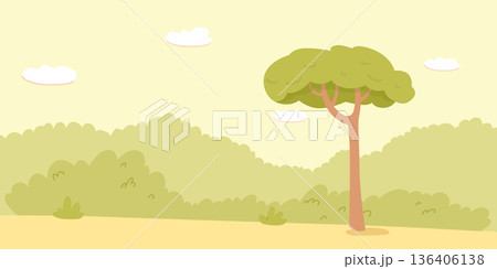 Summer park background with green bushes and light sky with clouds. Minimal flat design landscape for children outdoor scenes, games, or animation backdrop. Cartoon vector illustration Summer park background with green bushes and light sky with clouds. Minimal flat design landscape for children outdoor scenes, games, or animation backdrop. Cartoon vector illustration 136406138