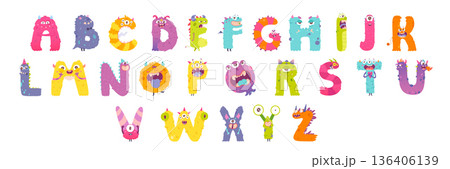 Cute monster alphabet font. Colorful letters from A to Z designed as funny monsters with eyes, teeth, horns, and unique textures. Cartoon vector illustration Cute monster alphabet font. Colorful letters from A to Z designed as funny monsters with eyes, teeth, horns, and unique textures. Cartoon vector illustration 136406139