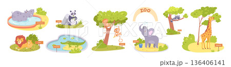Zoo animals. Flat vector illustration of cartoon zoo with hippo, lion, crocodile, panda, monkeys, elephant, raccoon, giraffe in enclosures, isolated on white background. Wildlife, animals themes Zoo animals. Flat vector illustration of cartoon zoo with hippo, lion, crocodile, panda, monkeys, elephant, raccoon, giraffe in enclosures, isolated on white background. Wildlife, animals themes 136406141