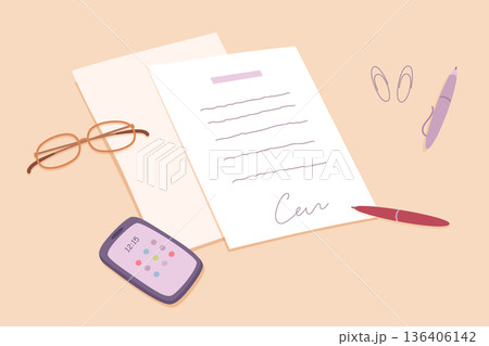 Office desk with papers, smartphone, glasses, pen, clips. Minimalist workplace background. Business agreement concept. Cartoon vector illustration 136406142