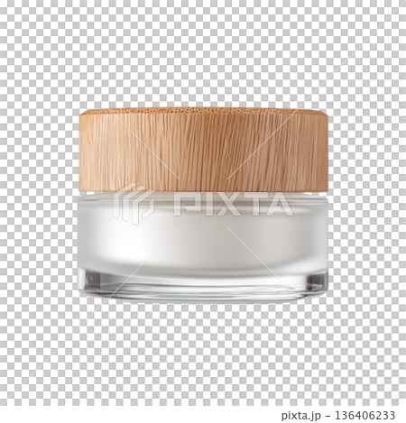 Glass jar with bamboo lid for cosmetic cream or skincare product, featuring a smooth white surface and elegant design for beauty applications. Isolated on transparent background. 136406233