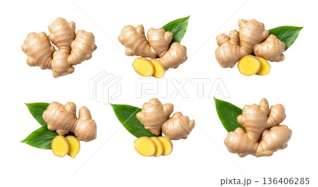 Fresh ginger root with green leaves and sliced pieces arranged on a transparent background for culinary and health-related uses Fresh ginger root with green leaves and sliced pieces arranged on a transparent background for culinary and health-related uses 136406285