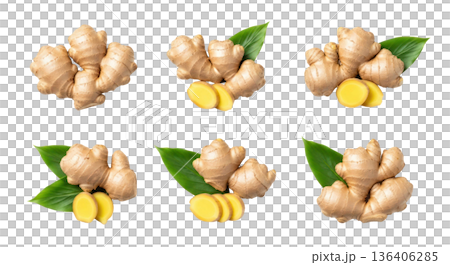 Fresh ginger root with green leaves and sliced pieces arranged on a transparent background for culinary and health-related uses Fresh ginger root with green leaves and sliced pieces arranged on a transparent background for culinary and health-related uses 136406285
