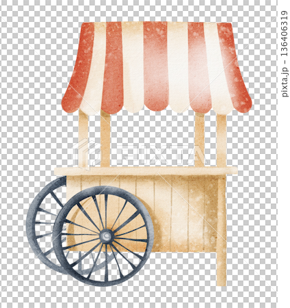 Watercolor drawing of a mobile cart. Stand, kiosk, and trolley for commerce and catering. Isolated vehicle for retail service. Illustration mobile stall with wheels, awning, and small business setup. 136406319