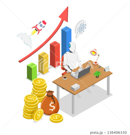 3D Isometric Flat Vector Illustration of AI Sales Improvement, Increase Revenue, Investment or Growing Sales. Item 1 136406330