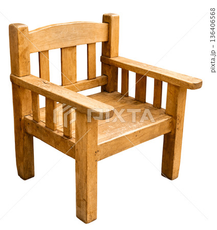 A wooden chair with a basic structure is shown. It has straight lines and is made of light wood. The piece stands out on a white background, making it suitable for various uses A wooden chair with a basic structure is shown. It has straight lines and is made of light wood. The piece stands out on a white background, making it suitable for various uses 136406568