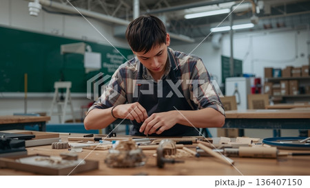 Young Person Works on Wood Project in Workshop During Daylight 136407150