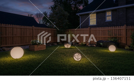 Outdoor Lights Illuminate a Backyard Yard at Night in a Residential Area With Fences and Plants 136407151