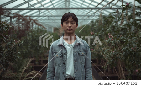 Young Person Stands Inside a Greenhouse With Plants Surrounded During Cloudy Day 136407152