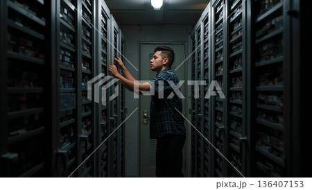 Man Searches Through Metal Cabinets in a Dimly Lit Storage Area During Evening Time 136407153