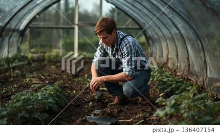 Gardener Works in Greenhouse With Plants During Daytime in Fall Season 136407154