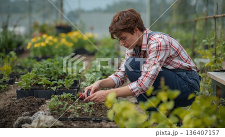 Gardener Works in the Greenhouse Planting Seedlings in Soil During Daytime 136407157