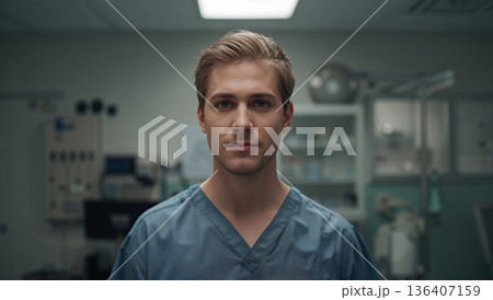 Young Male Nurse in Hospital Scrubs Stands in Healthcare Facility Ready to Assist Patients 136407159