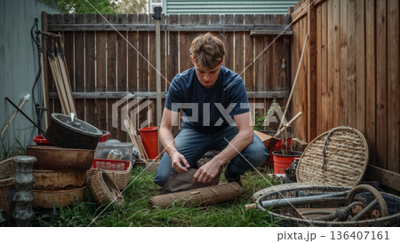 Man Organizes Tools and Items in Backyard During Daytime in Residential Area 136407161