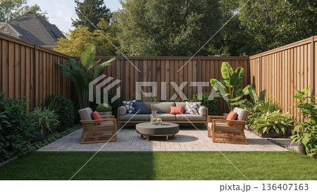 Outdoor Seating Area With Plants and Wooden Fence in a Backyard Setting 136407163