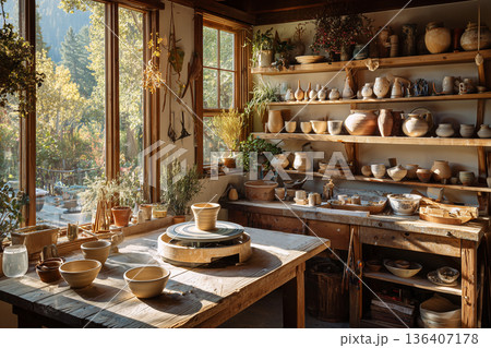 Authentic artisan workshop featuring a pottery wheel and clay bowls 136407178