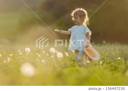 Cute girl playing on meadow, in nauture. 136407230