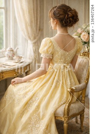Back View of Elegant Woman in Vintage Regency-Style Blush Dress with Floral Embroidery 136407264