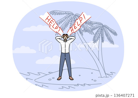 Business man shouts help standing on desert island, as metaphor for dismissal or bankruptcy Business man shouts help standing on desert island, as metaphor for dismissal or bankruptcy 136407271
