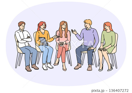 Group psychotherapy in alcoholics anonymous club discussing consequences of giving up beer and vodka 136407272