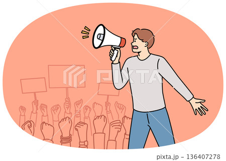 Man opposition leader leads anti-government protest and shouts political slogans into megaphone 136407278