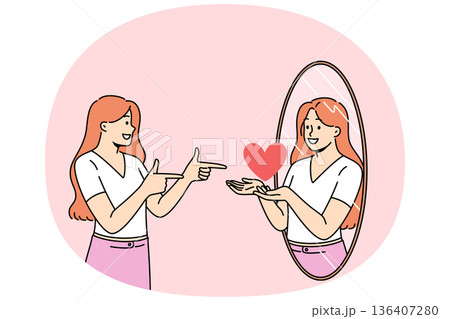Woman with high self-esteem looks in mirror and sees reflection with heart as metaphor for self-love 136407280