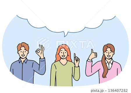 Business people make joint statement after discussion, standing under large dialogue cloud Business people make joint statement after discussion, standing under large dialogue cloud 136407282