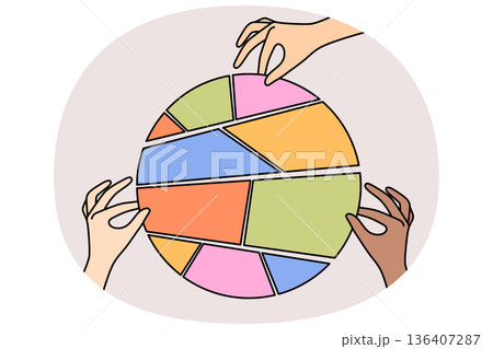 Hands of people with business diagram made from pieces, and doing team work together with colleagues 136407287