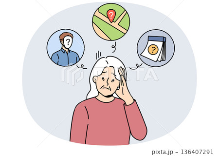 Alzheimer disease and dementia in old woman who forgets dates and faces or gets confused in space 136407291