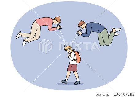 Overprotection of teen girl from annoying parents watching child through binoculars 136407293