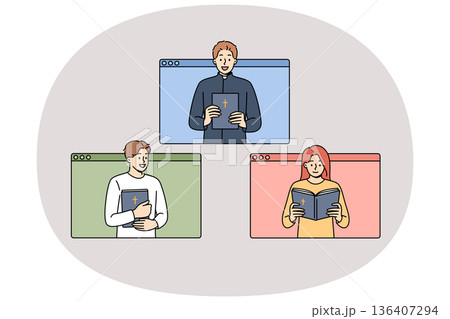 Online mass of priest reading bible with believers looking out of computer windows 136407294