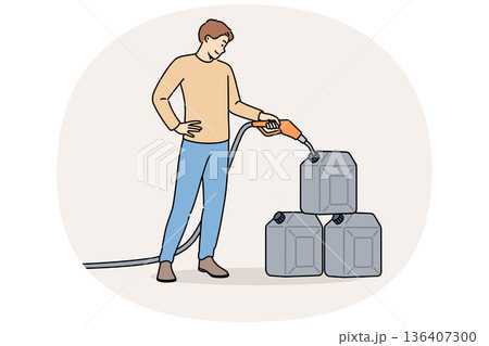 Man pours gasoline into tanks at gas station to stock up on fuel for car in case of oil crisis 136407300