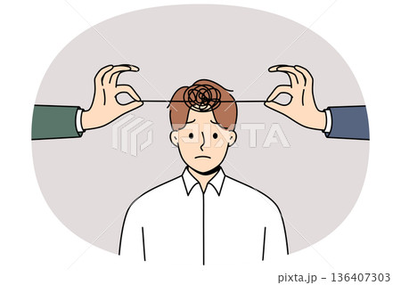 Problems with psychological health in man with tangled threads on head and hands of friends Problems with psychological health in man with tangled threads on head and hands of friends 136407303