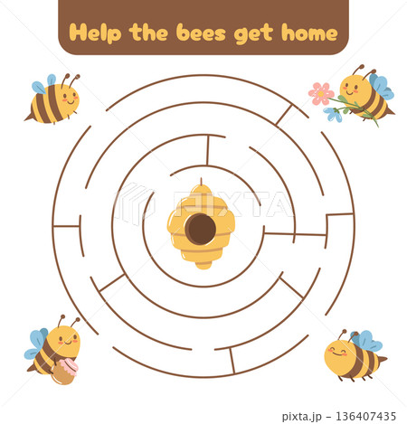Circular maze game with bees flying around the hive. A charming activity for calm and focused play. 136407435
