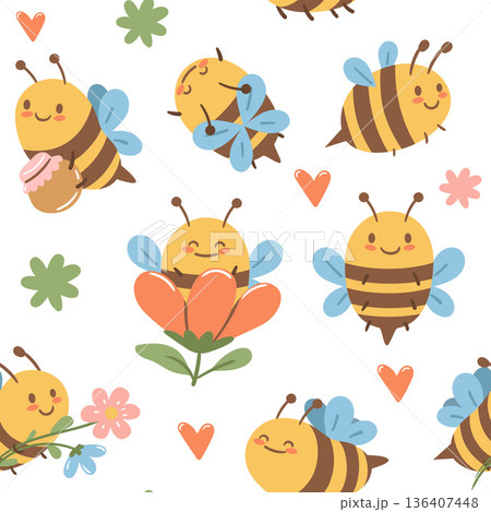 Playful seamless pattern with cute bees and flowers. Perfect for kids textiles, wrapping paper, packaging, wallpapers and cheerful backgrounds. 136407448