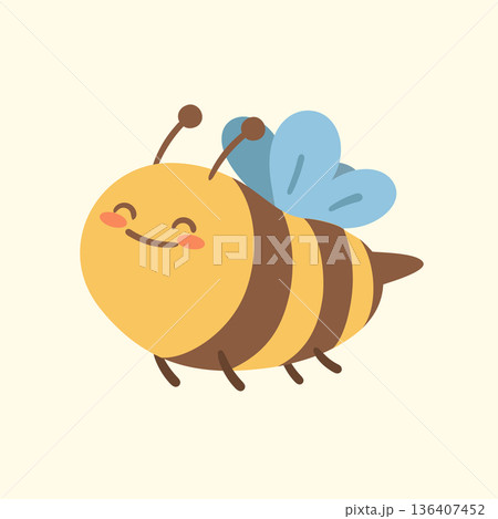Cute round bee character in soft colors. Perfect for kids illustrations, playful branding, nursery prints and friendly nature-themed projects. 136407452