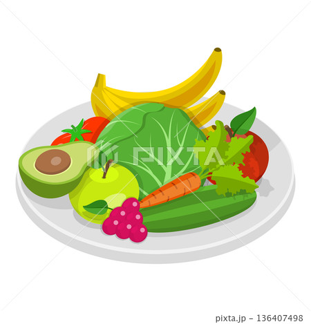 3D Isometric Flat Set of Vegetarian Food Plates. Item 8 3D Isometric Flat Set of Vegetarian Food Plates. Item 8 136407498